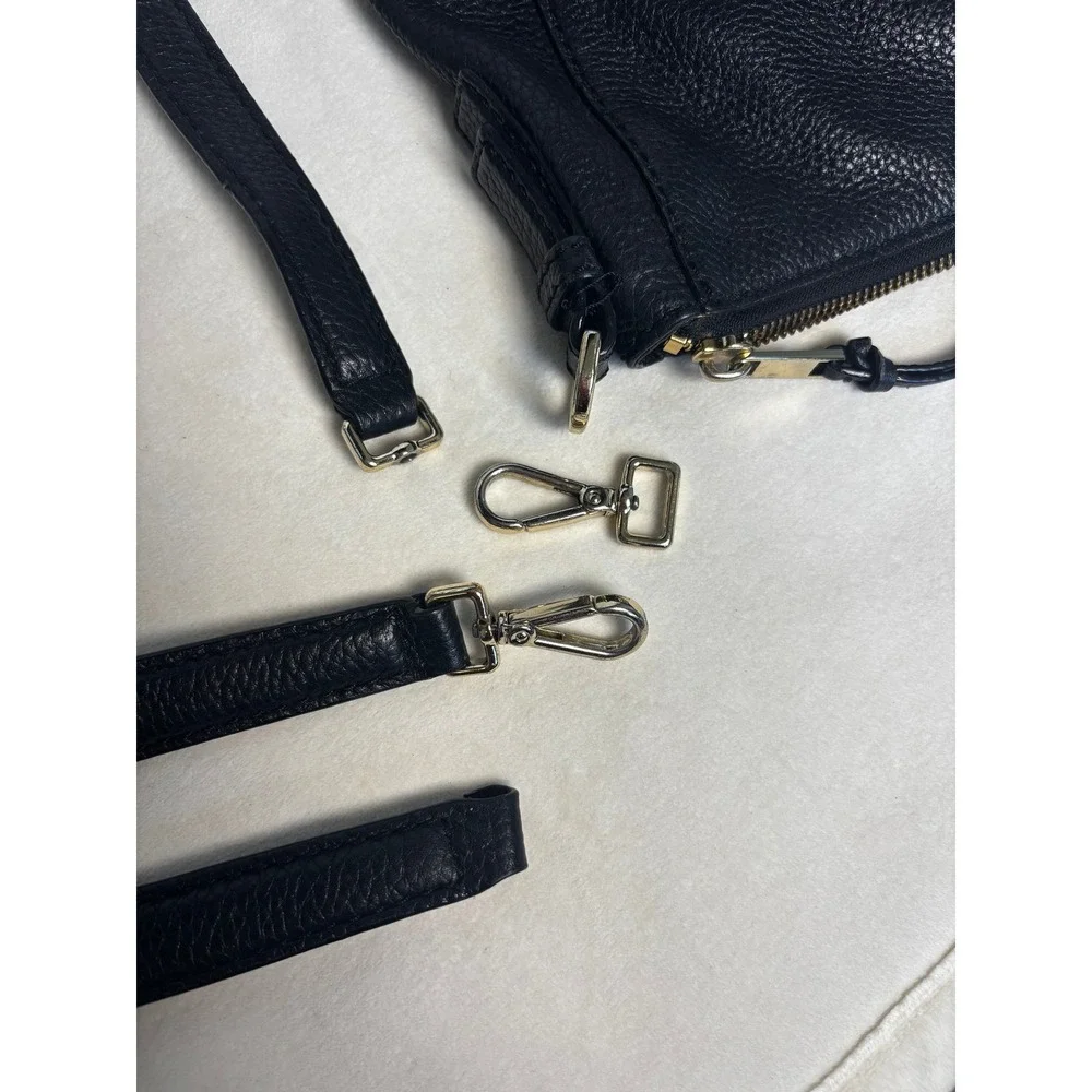 Kate‎ Spade Black Pebbled Leather Hobo Shoulder Bag Gold Logo Striped Lining